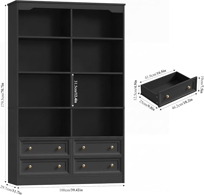 FINETONES 71" Black Bookshelf with 4 Drawers, 6-Tier Double Wide Bookshelves and Bookcases with Storage, Tall Bookshelf Large Open Bookshelves Standing Book Cabinet for Home Office, Black