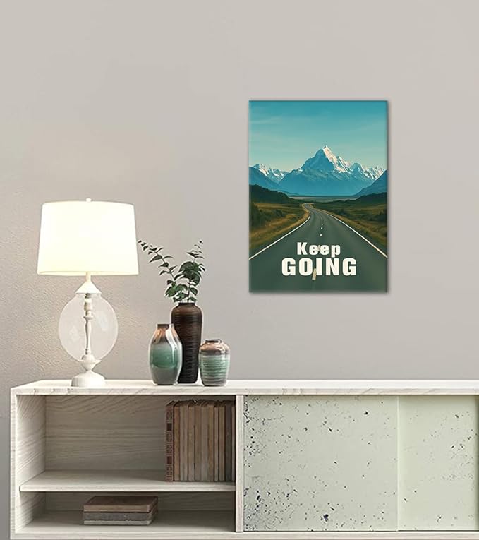 Keep Going Motivational Wall Art - Inspirational Road to Success Canvas Print, Mountain Landscape with Encouraging Quote, Modern Office Wall Decor for Home Gym Living Room, Framed 12x16 in