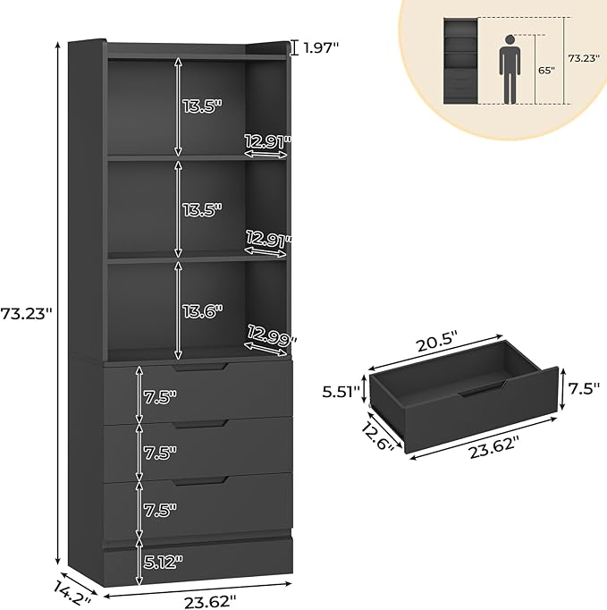 DICTAC Bookcase with 3 Drawers and Shelves 73.23'' Tall Bookshelf with Storage Modern Wood Closet Drawers System,Closet Organizer Unit Freestanding Tall Storage Cabinet for Home Office,Bedroom,Black