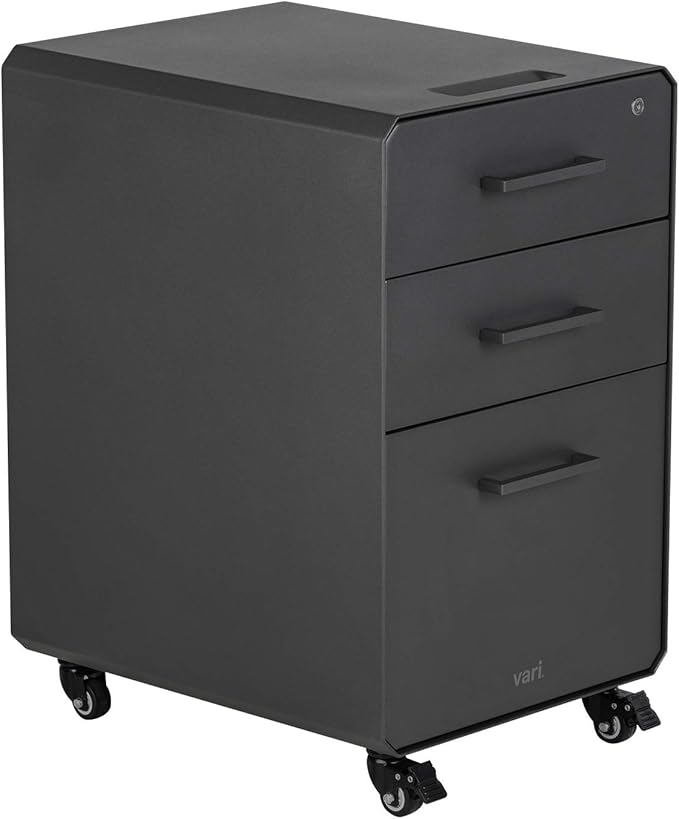 Vari Three Drawer File Cabinet - Mobile Filing Cabinet for Home or Office - Hanging File Storage - Lockable Drawers with Heavy-Duty Steel and Rolling Casters - Charcoal Grey