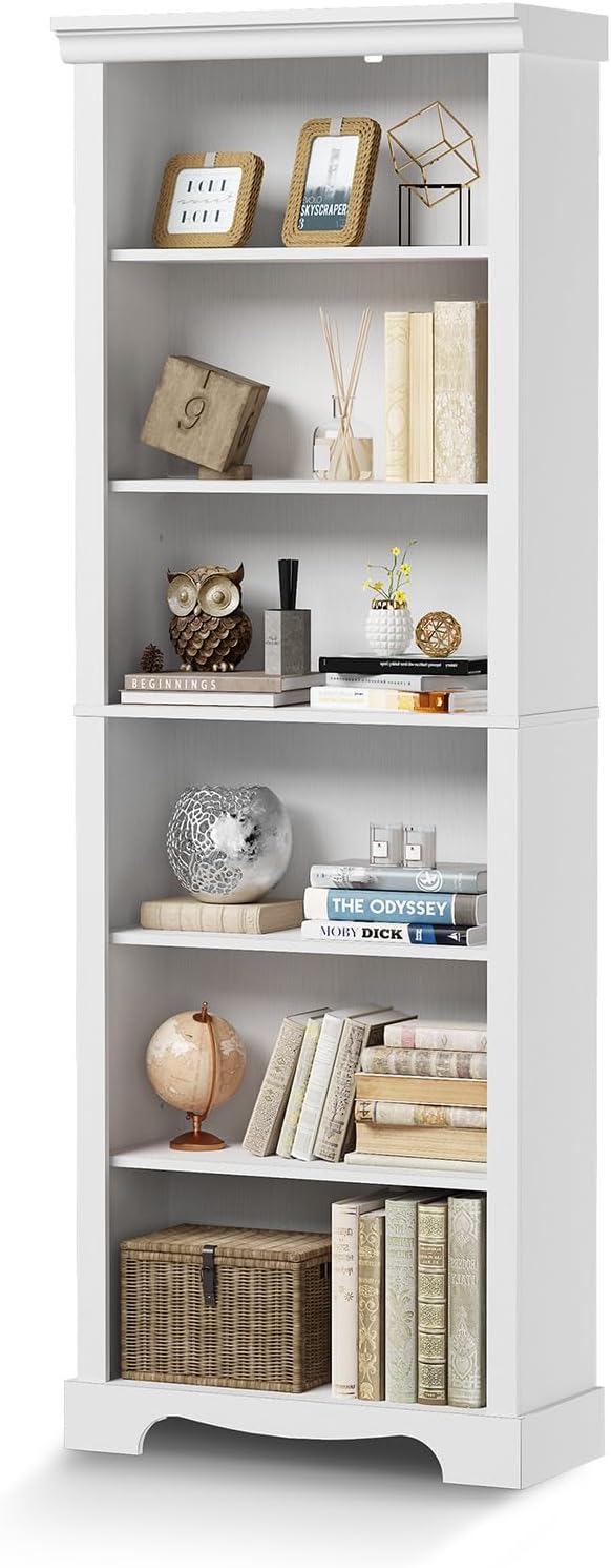 6-Tier Bookshelf, 73 inch Tall Bookcase with 2 Adjustable Shelves, Book Shelf with Anti-Tipping Device, Wooden Bookcase for Study Room, Living Room, Home Office, Bedroom (White)