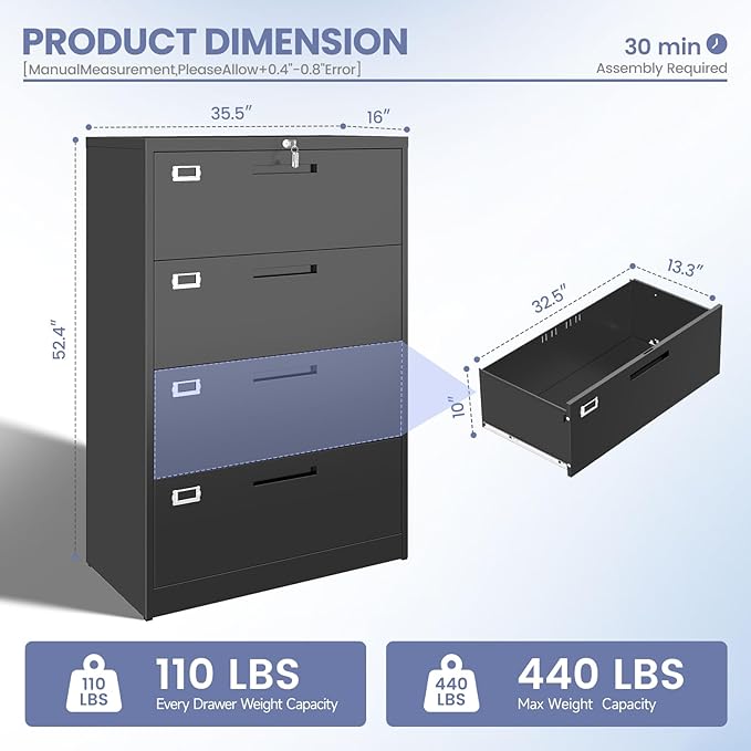 4 Drawer File Cabinet, Locking Lateral Filing Cabinet for Home Office, Black File Cabinets with Business Card Holder for Letter/Legal/F4/A4 Hanging Files
