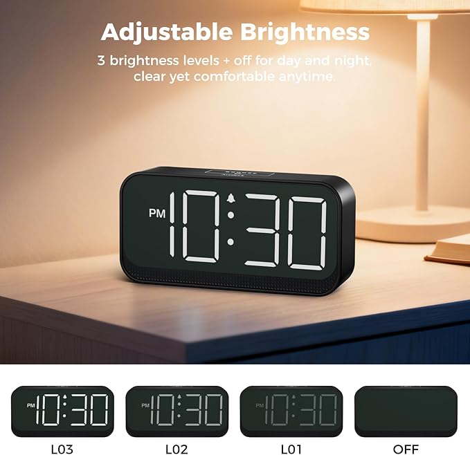 Battery Operated Digital Clock: Cordless Small Alarm Clock for Bedroom Travel - Large Numbers 4 Dimmers for All Ages White Digits