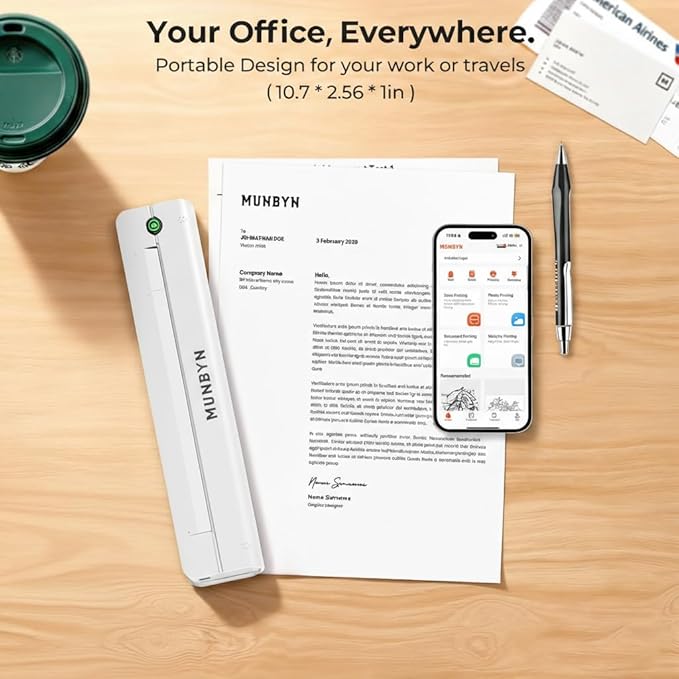MUNBYN Portable Printer Wireless for Travel, Small Bluetooth Inkless Thermal Printer Support 8.5 x 11 US Letter & A4, Compatible with Laptop, macOS,Windows, Android & iOS for Car,Home Office & School