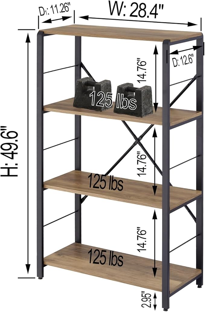 FOLUBAN 4 Tier Open Bookshelf, Vintage Free Standing Book Shelf, Rustic Wood and Metal Bookcase for Home Office, Oak