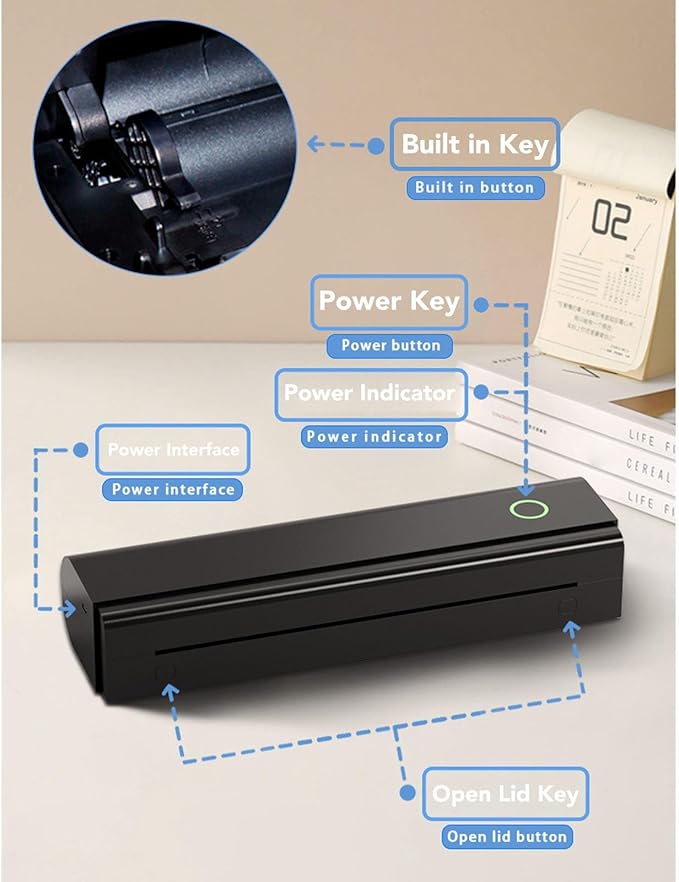 Hilitand Portable Inkless Printer, Compact Cordless Thermal Printer with USB Connection 203DPI Accuracy Inkless Thermal Printing for Home Travel Office Use
