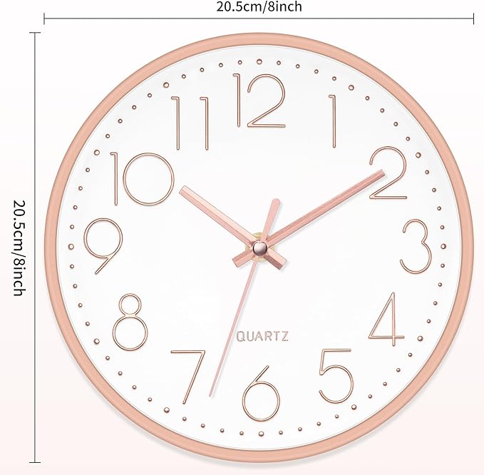 Foxtop 8 Inch Wall Clock Modern Small Wall Clocks Battery Operated Silent Non-Ticking Round Quartz Rose Gold Wall Clock for Office Bedroom Kitchen Home School