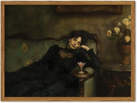 Framed Vintage Wall Art, Dark Academia Woman Martini Pictures Wall Decor, Victorian Feminine Lying on Couch Paintings Canvas Prints Moody Home Decor for Living Room Bedroom 12x16 inch
