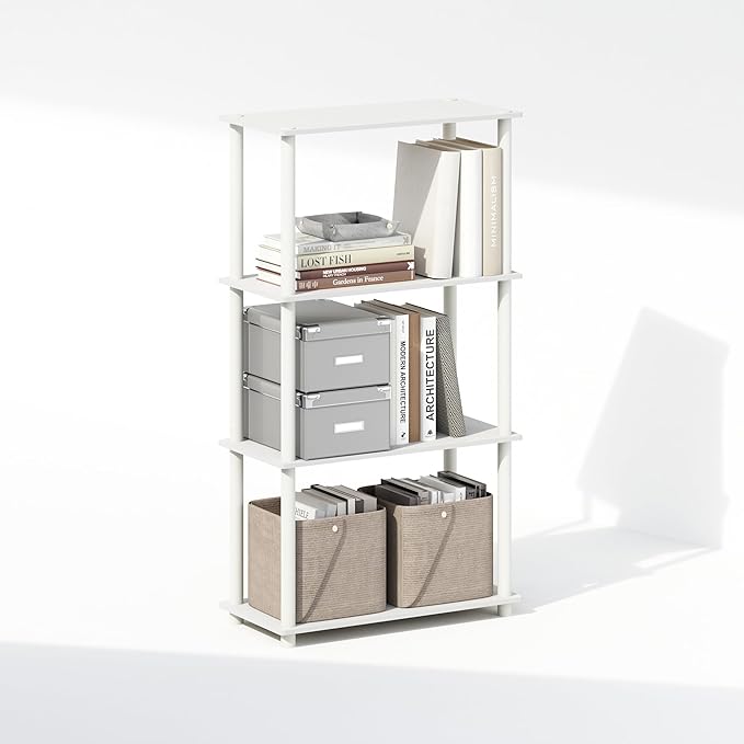 Furinno Turn-N-Tube Book Shelf, 4-Tier Bookshelf, Bookcase with Multipurpose Compact Display Rack, 11.6 x 23.6 x 43.2, for Living Room, Bedroom, Home Office, White/White