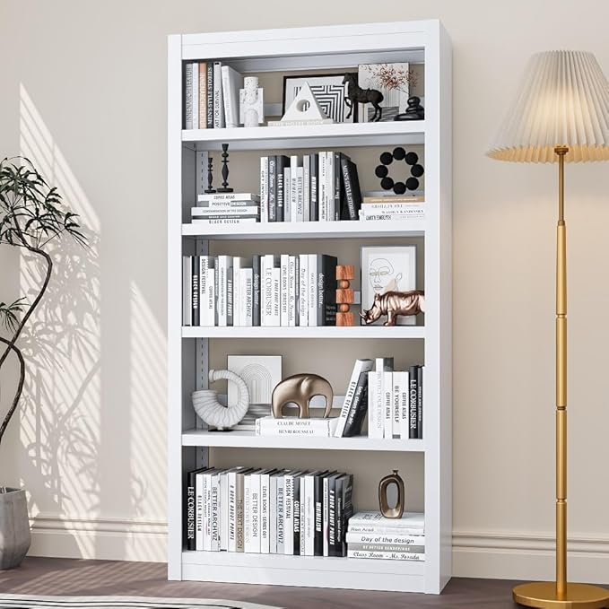 White Bookshelf，6-Tier Bookcase with Adjustable Storage Shelves，Metal Bookshelf with Book Stopper for Living Room, Home Office, Library