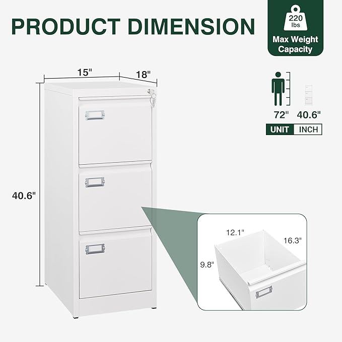 STANI Metal Vertical File Cabinet with Lock，Narrow Filing Cabinets Hanging Files Letter/Legal/A4 Size, Metal Storage Cabinet for Home Office, Assembly Required (White, 3-Drawer)