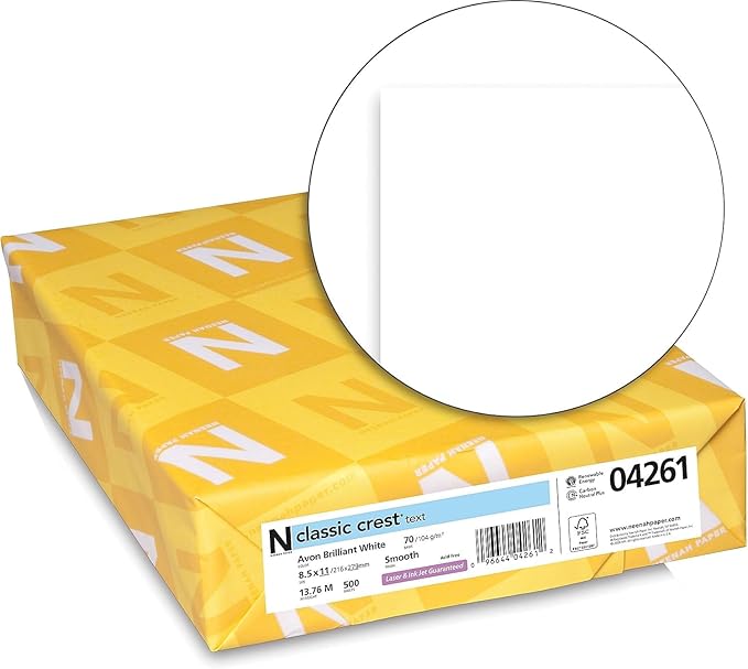 Neenah Paper CLASSIC CREST, 8.1/2 x 11-inch, 70 lb., Smooth, Avon Brilliant White, 500/Ream (04261)