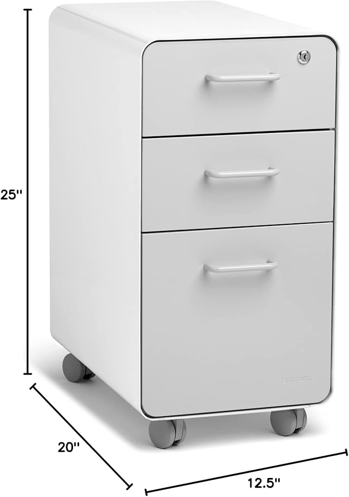 Poppin White + Gray Slim Stow 3-Drawer Rolling File Cabinet, One Lock Secures All Drawers, Durable Powder-Coated Steel Construction, Stay Organized and Keep Documents Safe, 12.5" x 20" x 25"