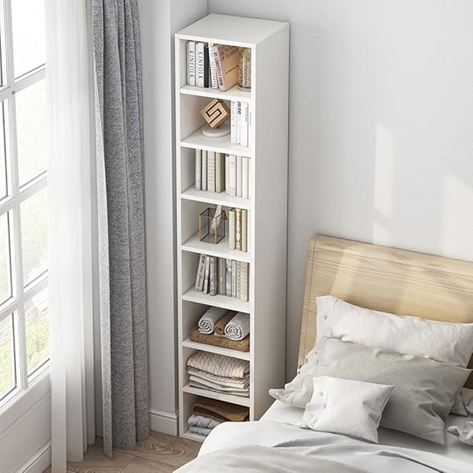 IOTXY Small Narrow Corner Bookcase - 47 Inches Tall Gap Freestanding Storage Cabinet, 4 Lattices Open Shelves Tower Rack with Door, Cubes Bookshelf in Oak
