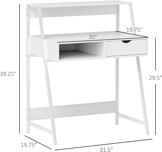 HOMCOM Home Office Desk, Computer Desk with A Frame for Small Spaces, Writing Table with Drawer and Storage Shelves, White