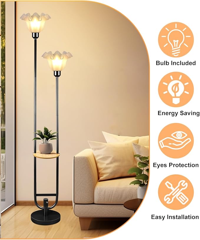 Dimmable Flower Floor Lamps with Table, 2-Lights Floral Floor Lamp, 3000K Warmwhite Candle Holder Style Modern Floor Lamp, Rustic Black Standing Lamp for Living Room Bedroom