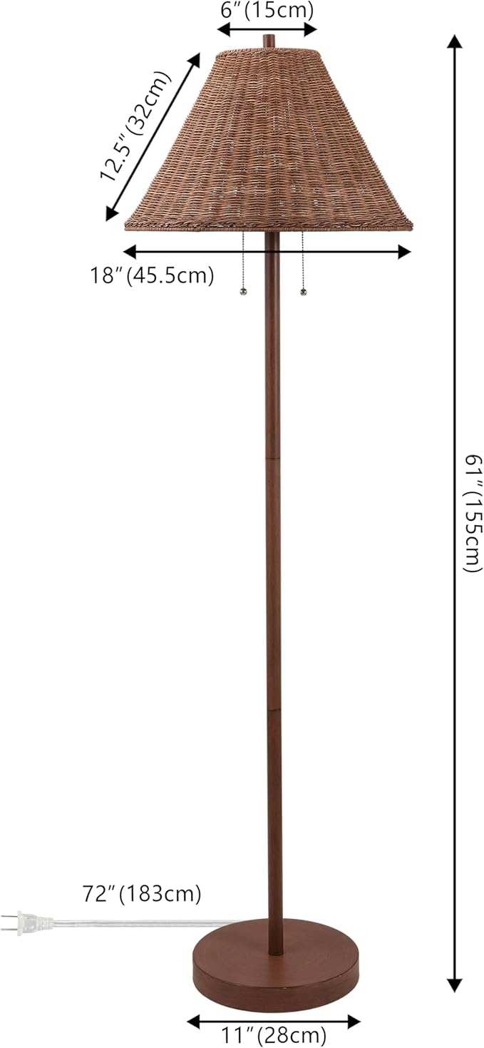 JONATHAN Y 61" Dark Brown Wood Finish 2-Light Coastal Bohemian LED Floor Lamp for Living Room, Brown Rattan Shade, Mid-Century Modern Tall Standing Lamp, Pull-Chain, LED Bulbs Included (JYL3092C)