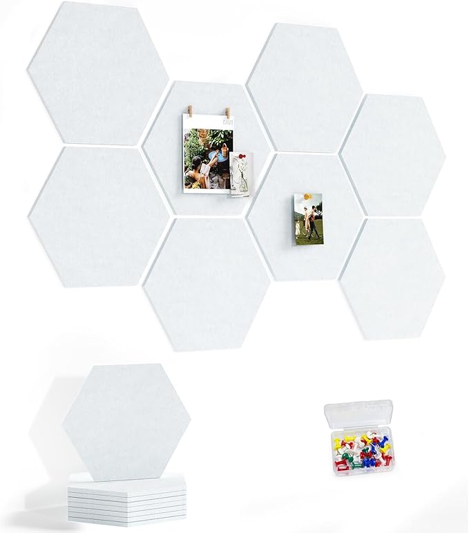 8 Pack Hexagon Felt Bulletin Board Tiles - 11.8" Large Thick Pin Board for Walls with 30 Push Pins, DIY Boards for Office Home School Decor, Aesthetic Hex Cork Board Alternative
