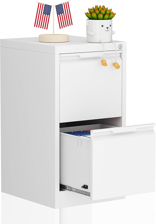 2 Drawer File Cabinet with Lock,Filing Cabinets for Home Office,Metal Small File Cabinet for Letters/Legal/A4 Size, Assembly Required,White