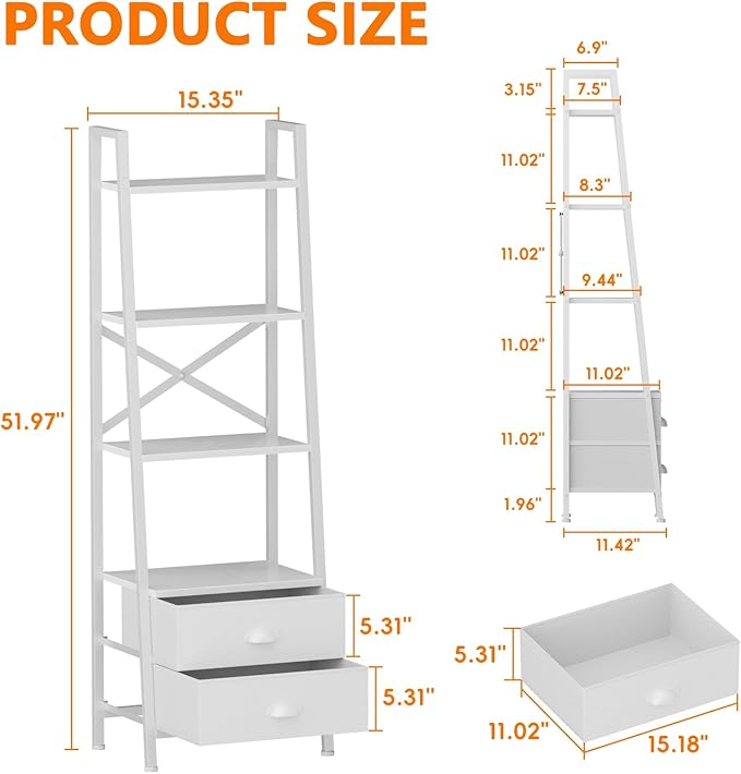 Furologee 4-Tier Ladder Shelf,Small Bookshelf with 2 Drawers,Vertical Bookcase Storage Rack Organizer,Display Bookshelves for Living Room,Bedroom,Bathroom,Home Office,Kitchen,White