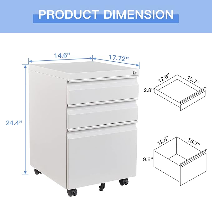 Yizosh 3 Drawer Mobile File Cabinet with Lock, White Under Desk Rolling Filing Cabinet, Metal Locking File Cabinet on Wheels for Legal/Letter/A4 File (Required Assemble)