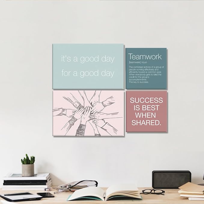 YEOION Inspirational Office Wall Art for Women,Motivational Teamwork Wall Decor for Office,Light Green and Pink Postive Quote Workplace Canvas Wall Art for Set of 6
