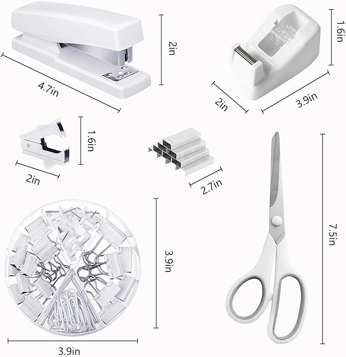 Office Supplies,Desk Accessories,with Stapler,Tape Dispenser,Staple Remover,Scissor,Ballpoint Pen,Sticky Notes,Clear Tape,Staples,Desk Organizer,Phone Stand,Binder,Index Tabs,Best Gift Set(White)