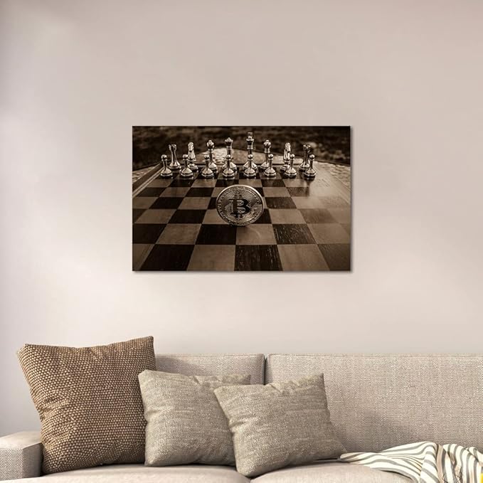 Golden Chess and Bitcoin Canvas Wall Art Motivational Life Quote Game Bitcoin Wall Art Poster Canvas Posters and Prints Pictures Chess Office Wall Decor Framed Easy to Hang-16x12 inch