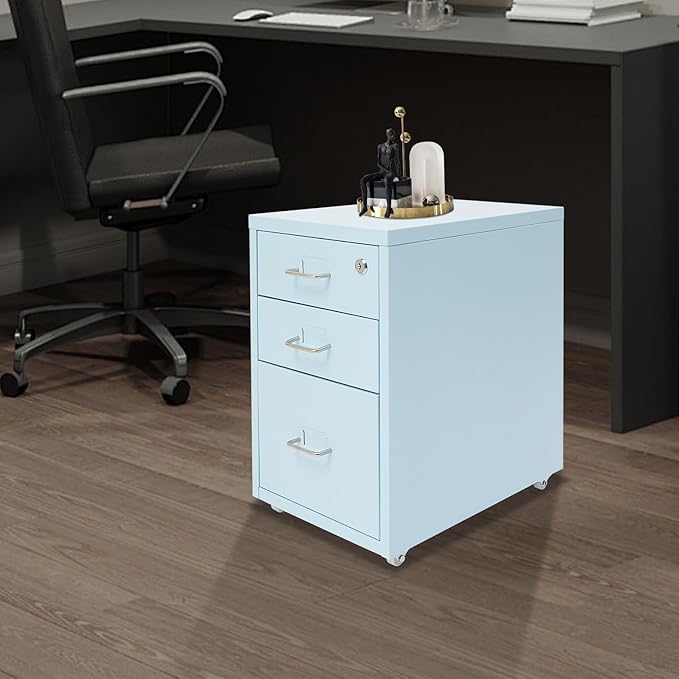 3/6 Tiers Vertical File Cabinet, Metal File Cabinet with Lock & Wheels for Files, Documents, Freestanding Filing Cabinet for Office Home, Multiple Colors Available (Blue, 3 Tiers)