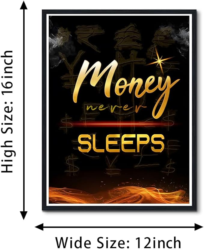Money Wall Art Money Never Sleeps Text Motivational Posters Inspirational Entrepreneur Wall Decor Canvas Print Artwork for Office Living Room Decor Ready to Hang 12X16inch