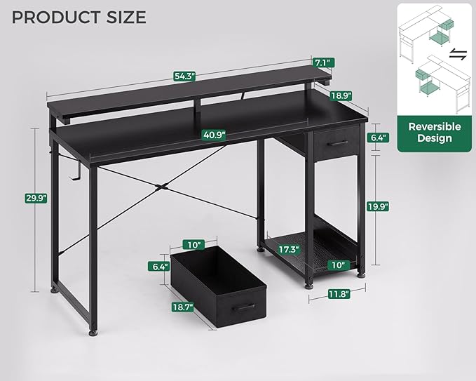 AODK Gaming Desk with LED Lights, 55 Inch Computer Desk with Drawers, Reversible Small Desk with Monitor Stand & Headphone Hook for Home Office, Black