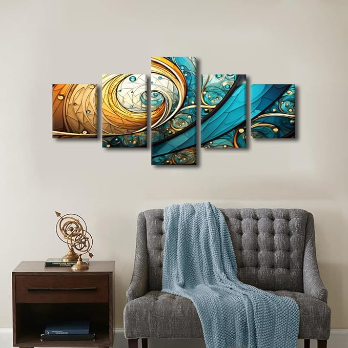Wall Art for Men Modern Abstract Canvas Wall Art Decor Prints 5 Panel Vortex Spiral Artwork Gold Blue Green Colors Wall Art for Lady Room Wall Decor Stretched and Framed Ready to Hang 50x24 in