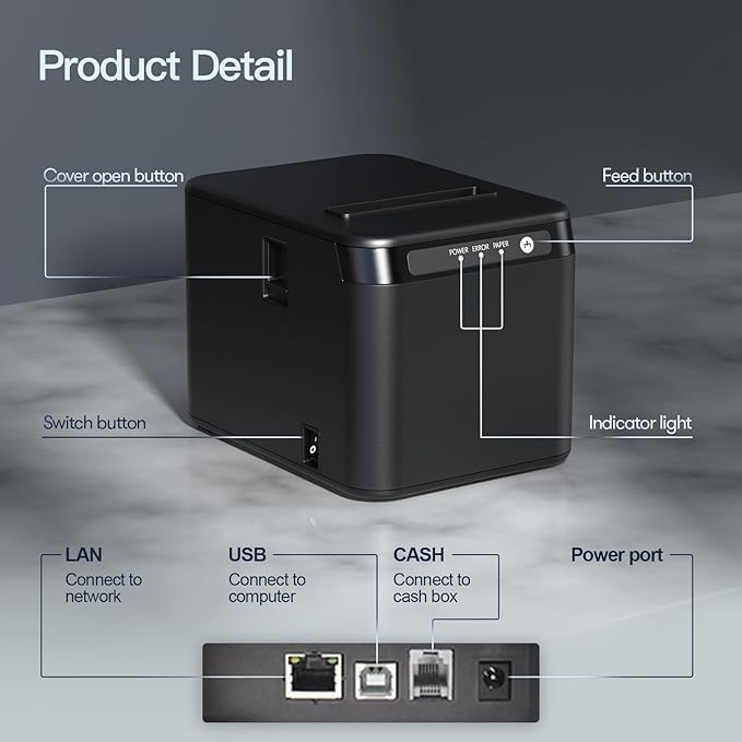 BISOFICE 80mm Receipt Printer ESC/POS Thermal Printer Desktop Direct Print USB+LAN Connection High Efficiency with Auto Cutter Large Paper Bin for Shipping Business Restaurant Kitchen Supermarket