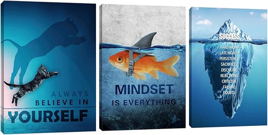 Unbruvo Motivational Wall Art for Office, 3 Pieces Cat Glacier Fish Canvas Print, Inspirational Quotes Wall Decor for Living Room, Bedroom, Dorm-(72''Wx 36''H)