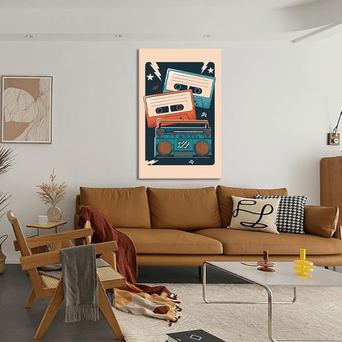 Large Music Wall Art Decor - Vintage Cassette Player Print Poster Musical Picture Wall Decor Retro Music Poster Framed Canvas Artwork for Living Room Bedroom Studio Decoration, Ready to Hang 28" x 44"