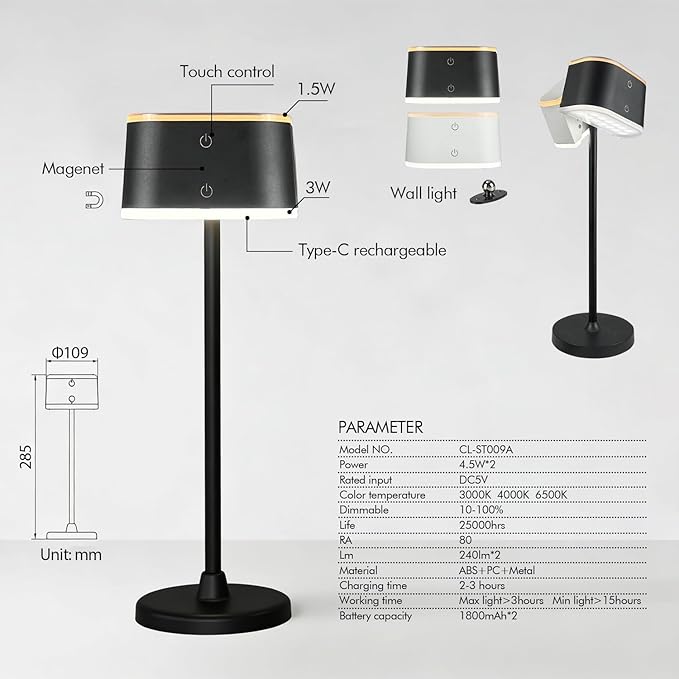 2 Pack Cordless Table Lamps, Rechargeable Touch Lamps for Nightstand & Dining Table, 3 Color Temps 3000K-6500K, Dimmable, Dual-Tone Design, USB-C Portable Bedside Lights, Set of 2, Black & White
