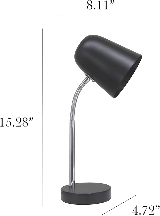 Simple Designs LD1075-BLK 15.28" Sleek Essentials Minimalist Metal Desk Task Lamp, for Office, Desk, Nightstand, Dorm, Black