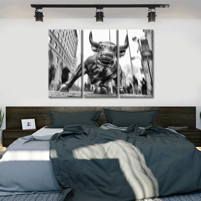 TUMOVO Multi panel Large Wall Art Wall Street Bull Picture Print on Canvas Modern Wall Art Pictures for Home Decoration Canvas Painting Art Stretched and Framed Ready to Hang - 60" Wx40 H