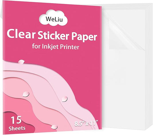Printable Transparent Sticker Paper - 8.5" X 11" Blank Custom Label Sticker Sheets - 15 Clear Sheets - for Inkjet Printers
