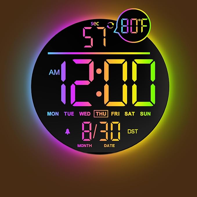 JALL 10" Large Digital Wall Clock with Seconds, Alarm Countdown Timer, Big LED Display, RGB Color, DST, Temperature, Mounted for Bedroom Living Room Office Classroom Gym, Xmas Birthday Gift, RGB