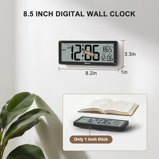 Soobest 8.5 Inch Digital Wall Clock Battery Operated with Backlight, Temperature, Date, Day & Auto DST, Black Slim Design for Elderly, Bedroom, Living Room, Office