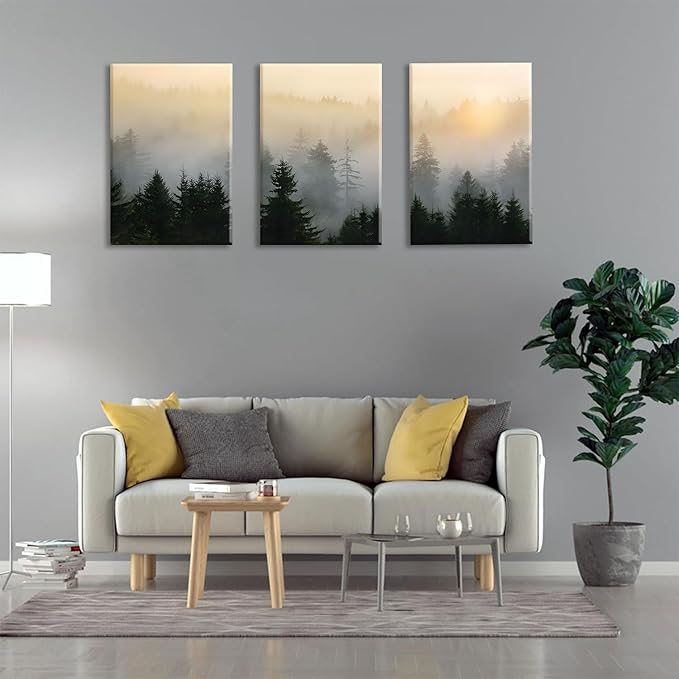 Bwodke Canvas Wall Art Mountain Framed Wall Art Set of 3 Nature Landscape Picture Decor Forest Prints Artwork Painting for Living Room Bedroom Office 12"x16"