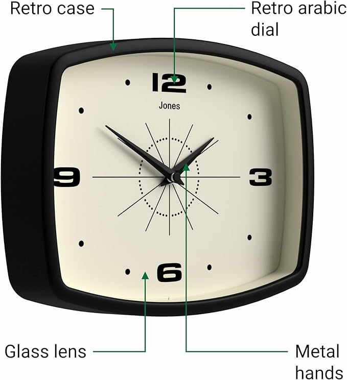 JONES CLOCKS® Movie wall Clock | Retro Rectangular Clock | 10 inch | Black | Cool mid-Century Designer Look for Kitchen, Living Room or Office