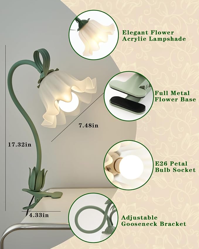 Flower Lamp Clip on Light, 3 Color Modes Eye-Caring Desk Lamp with Clamp, Dorm Room Essentials, Flexible Neck Reading Clamp Lamps for College Bedside Bookshelf Studying Room (Green)
