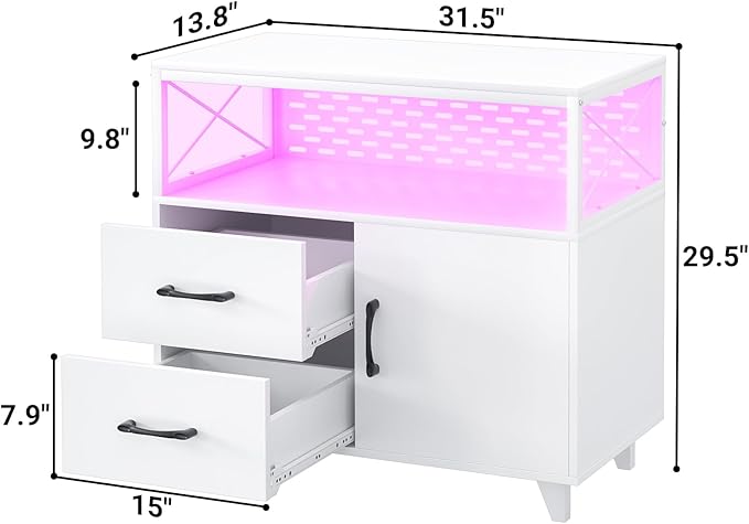 Homieasy Lateral File Cabinet with LED Light, Office Filing Cabinets with 2 Drawers and 1 Door Cabinet, Desk Side Printer Stand with Storage for Office Supplies, White
