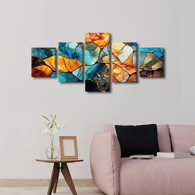 Abstract Canvas Wall Art Decor Modern Living Room Wall Art 5 Panel Home Canvas Art Blue Yellow Brown Glass Window Poster Printing for Men Living Room Decor Stretched Ready to Hang 50x24 in