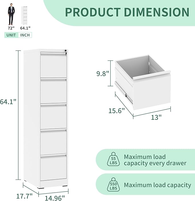 5 Drawer File Cabinet, Vertical File Cabinets with Lock for Home Office,Heavy Duty Office Steel Filing Cabinet for Hanging Letters/Legal/A4, Assembly Required (White)