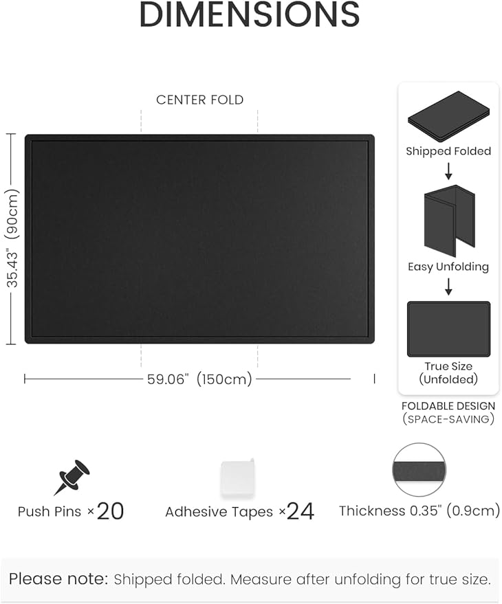 Fluxynara Large Bulletin Board, 59" x 35.4" Cork Board Alternative with 24 Safe Removable Adhesive Tabs, Foldable Felt Pin Board for Home Office, Classroom, Bedroom,Entryway for Walls— Black