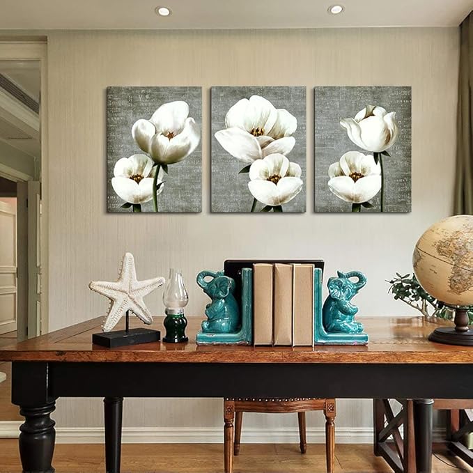 Lapremoly Canvas Wall Art For Bedroom Room Modern Wall Decor For Living Room Vintage Style Wall Painting Artwork White Flowers Abstract Pictures 3 Panels Ready To Hang Kitchen Frame Home Decoration