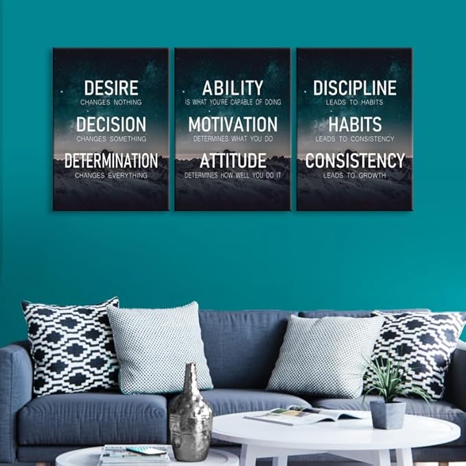 WYJDFART Set of 3 Motivational Wall Art “The Elements of Success:Discipline-Habits-Consistency-Attitude -Determination” Inspirational Wall Decor for Home Gym Bedroom Living Room [60''Wx 28''H]